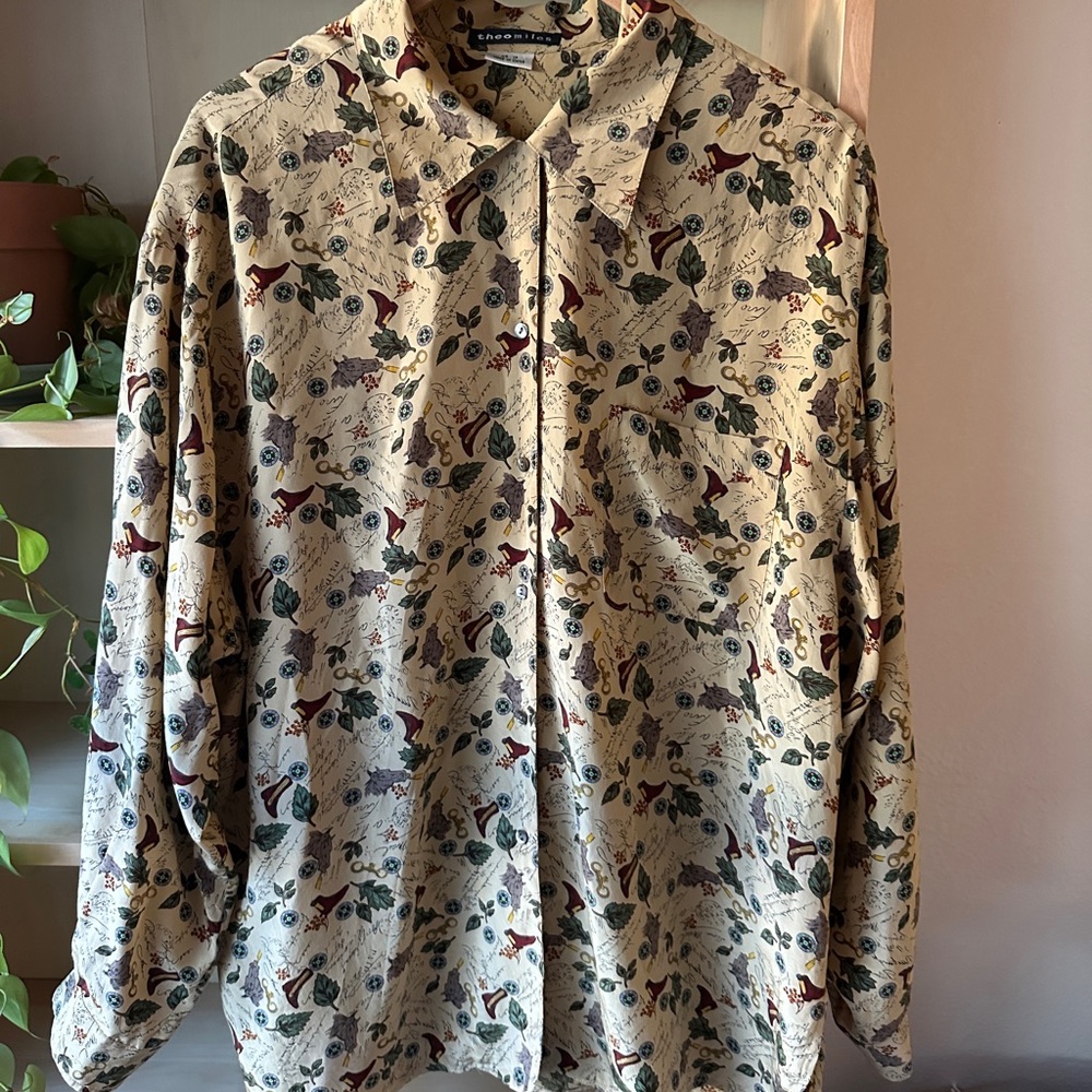 Vintage Silk Equestrian Button-Up Shirt